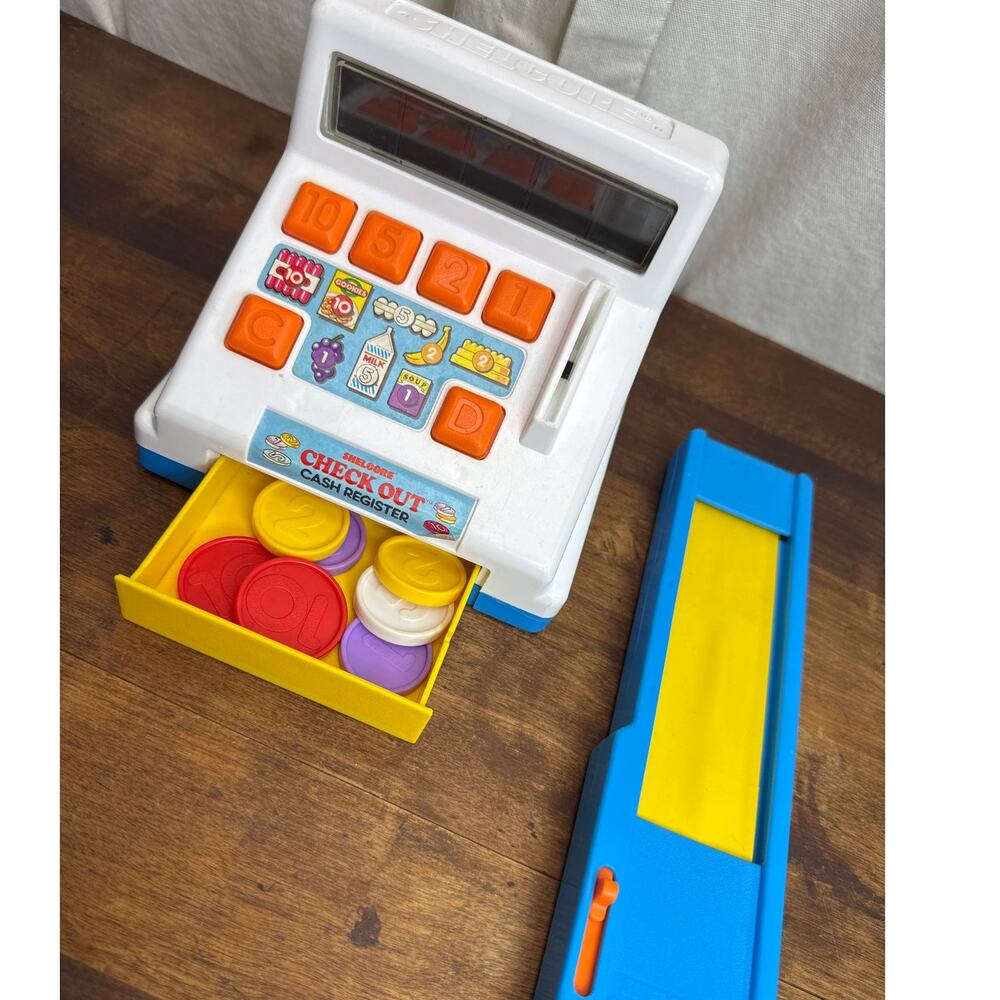 Vintage 87 Shelcore Check-Out Cash Register Conveyor Belt Coins Pretend Play Toy